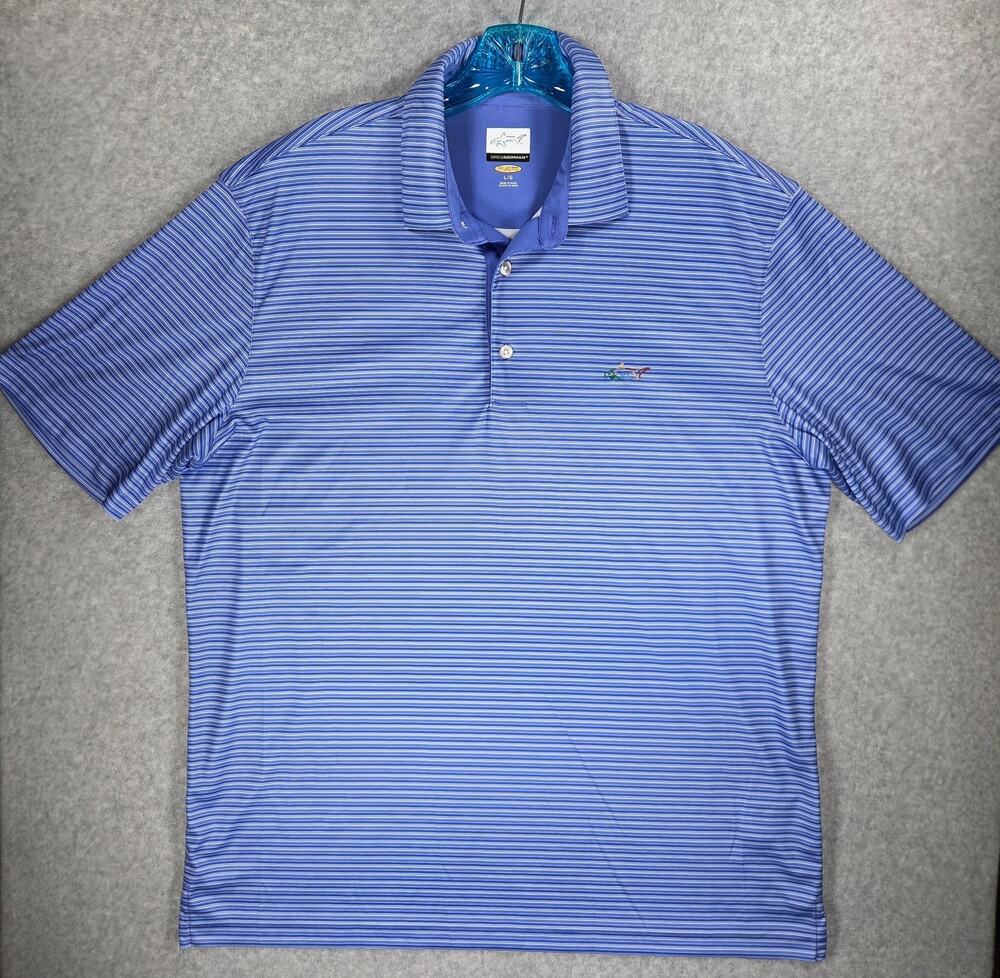 Greg Norman Play Dry Men's Large Golf Polo Shirt Blue White Striped Short Sleeve